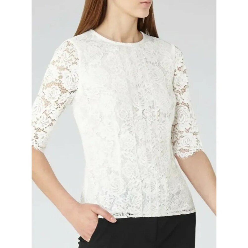 $230 EUC REISS Mitsy White Lace Top Elbow Sleeves Fitted US 6